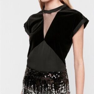 Express Black Velvet Blouse with Sheer Detail